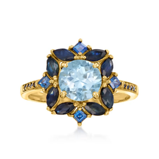 1.50 Carat Sky Blue Topaz and 1.06 ctw Sapphire Ring in 18kt Gold Over Sterling
