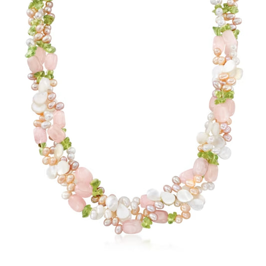 4-5mm Multicolored Cultured Pearl and Multi-Gemstone Torsade Necklace with Sterling Silver. 19"