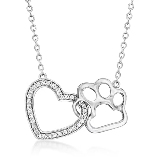 .30 ctw White Topaz Heart and Paw Necklace in Sterling Silver. 18"