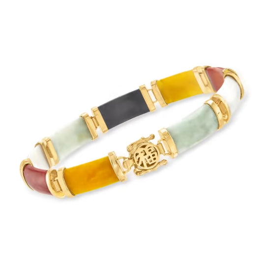 Multicolored Jade "Good Fortune" Bracelet in 18kt Gold Over Sterling