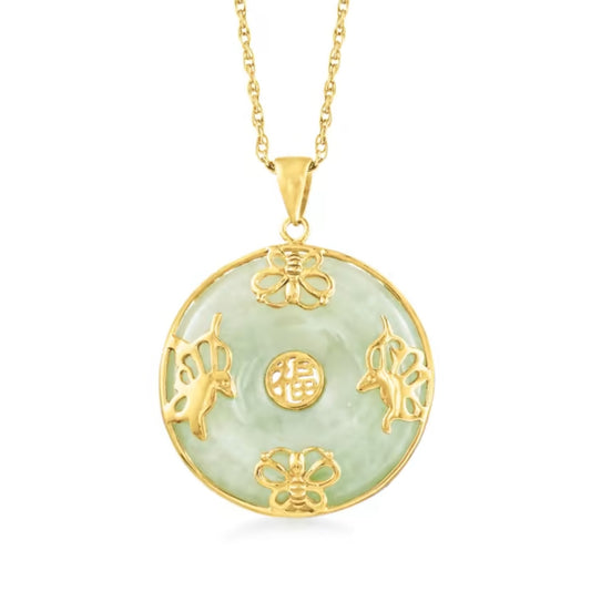 Jade "Good Fortune" Butterfly Pendant Necklace in 18kt Gold Over Sterling. 18"