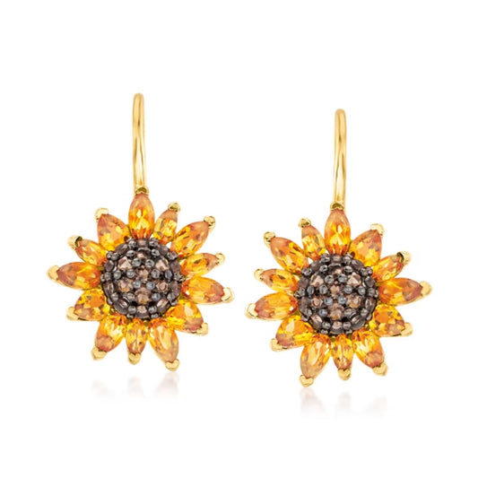 3.50 ctw Citrine and .80 ctw Smoky Quartz Sunflower Drop Earrings in 18kt Gold Over Sterling
