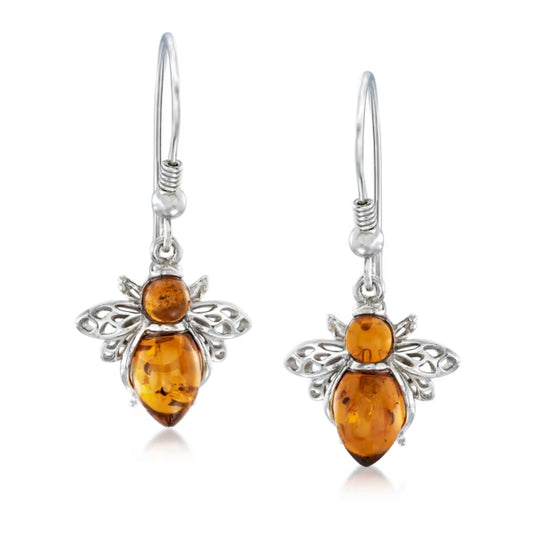 Amber Bumblebee Drop Earrings in Sterling Silver
