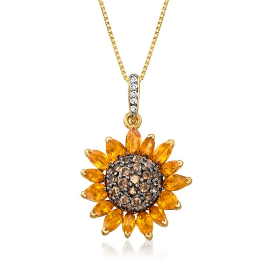 1.70 ctw Citrine and .80 ctw Smoky Quartz and .10 ctw White Topaz Sunflower Pendant Necklace in 18kt Gold Over Sterling. 18"