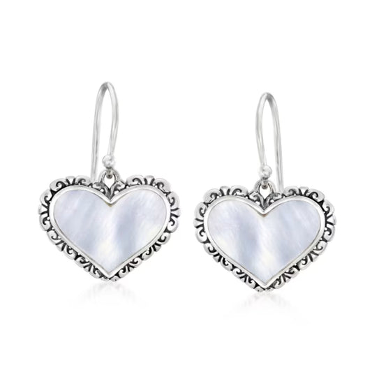 Mother-of-Pearl Bali-Style Heart Drop Earrings in Sterling Silver