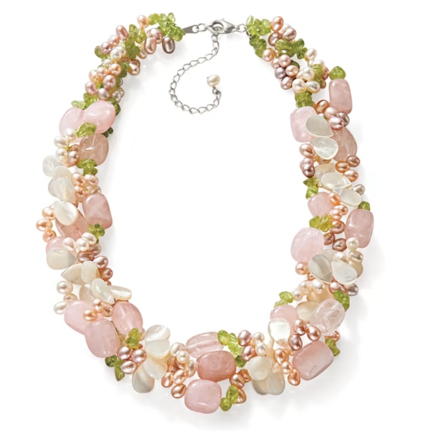 4-5mm Multicolored Cultured Pearl and Multi-Gemstone Torsade Necklace with Sterling Silver. 19"