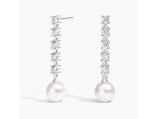 Diamonds & Pearls 18K White Gold Cultured Pearl and Lab Diamond Tennis Earrings 1/3 ctw