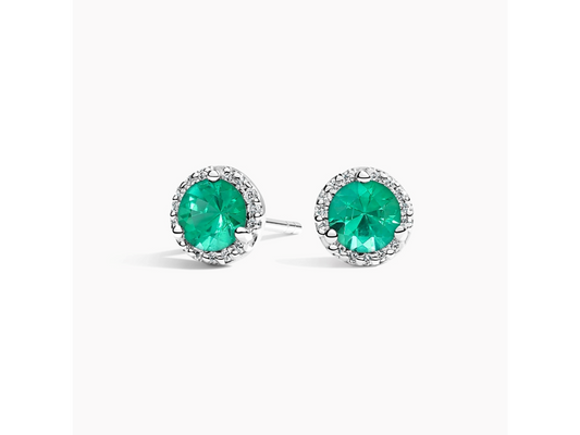 18K White Gold Emerald Halo Diamond Earrings 1/8 ctw