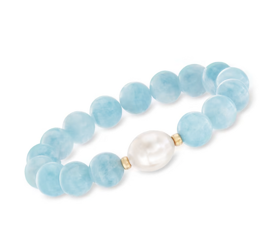 12-13mm Cultured Baroque Pearl and 140.00 ctw Aquamarine Bead Stretch Bracelet with 14kt Yellow Gold. Adjustable Size