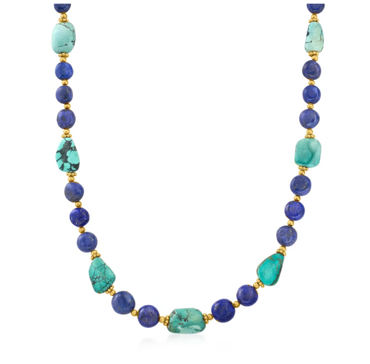 Lapis and Turquoise Bead Necklace with 18kt Gold Over Sterling. 18"