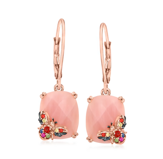 Pink Opal and .14 ctw Multicolored Sapphire Bumblebee Drop Earrings with Garnet Accents in 18kt Rose Gold Over Sterling