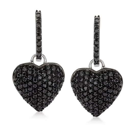 2.10 ctw Pave Black Spinel Removable Heart Drop Earrings in Sterling Silver