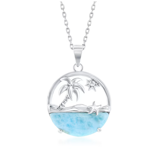 Larimar Palm Tree Beach Pendant Necklace in Sterling Silver. 16"
