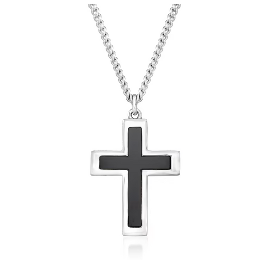 Men's Onyx Cross Pendant Necklace in Sterling Silver and Stainless Steel. 24"