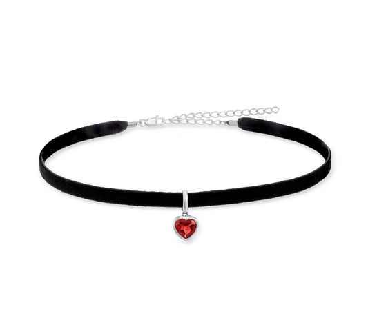 1.90 Carat Garnet Heart Choker Necklace with Sterling Silver and Black Velvet Cord. 13"