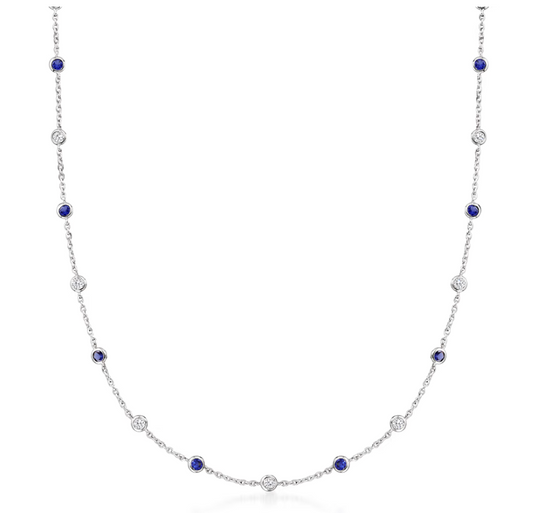 2.30 ctw CZ and 2.00 ctw Simulated Sapphire Station Necklace in Sterling Silver