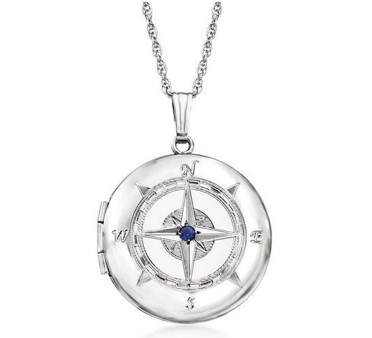 Sterling Silver Compass Locket Necklace with Sapphire Accent