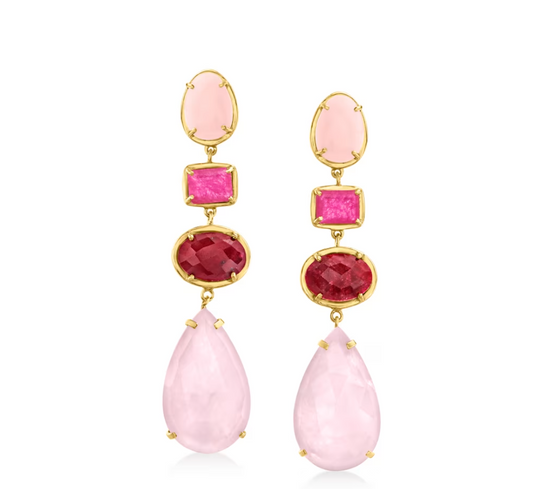 Pink Opal, 49.80 ctw Multicolored Quartz and 14.00 ctw Ruby Drop Earrings in 18kt Gold Over Sterling