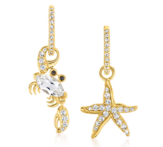 2.20 ctw White Topaz Starfish and Crab Mismatched Drop Earrings with Black Spinel Accents in 18kt Gold Over Sterling