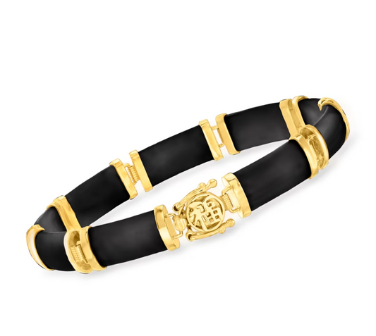 Black Agate "Good Fortune" Bracelet in 18kt Gold Over Sterling