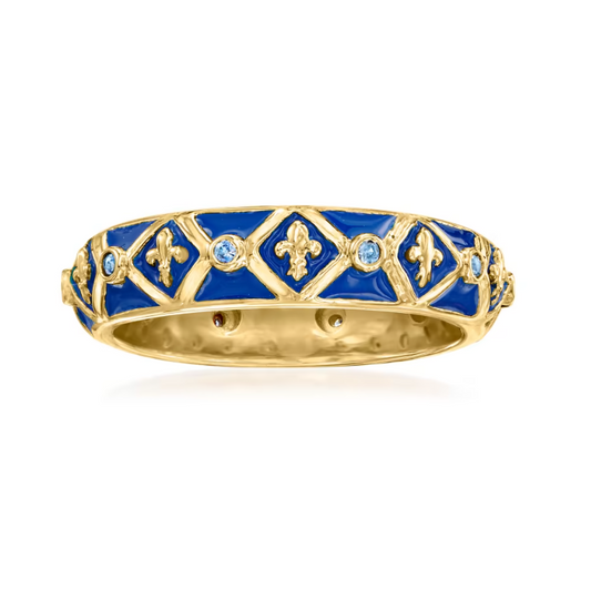 .10 ctw Sapphire and Blue Enamel Fleur-De-Lis Ring in 18kt Gold Over Sterling
