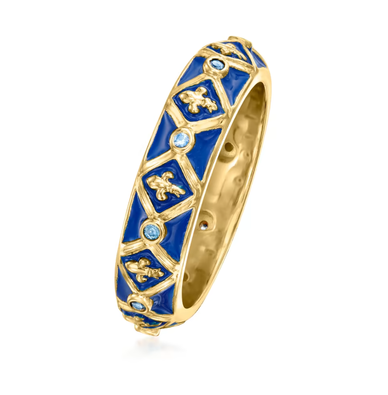 .10 ctw Sapphire and Blue Enamel Fleur-De-Lis Ring in 18kt Gold Over Sterling