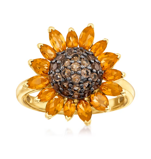 1.70 ctw Citrine and .80 ctw Smoky Quartz Sunflower Ring in 18kt Gold Over Sterling