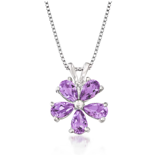 1.00 ctw Amethyst Flower Pendant Necklace in Sterling Silver. 18"