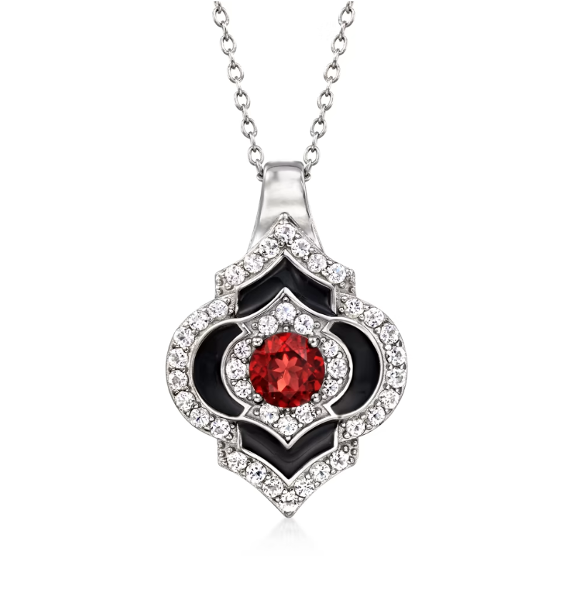 .70 Carat Garnet and Black Enamel Pendant Necklace with .70 ctw White Topaz in Sterling Silver. 18"