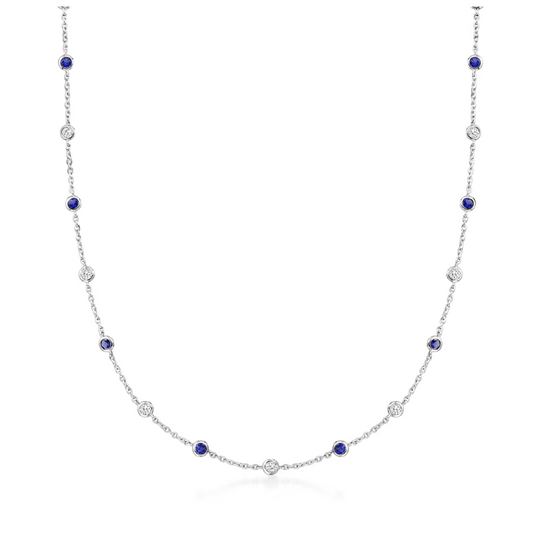 2.30 ctw CZ and 2.00 ctw Simulated Sapphire Station Necklace in Sterling Silver