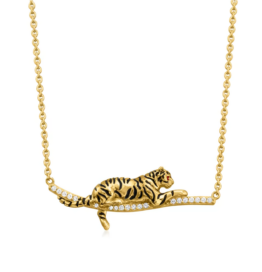 .10 ctw White Topaz and Black Enamel Tiger Bar Necklace with Ruby Accents in 18kt Gold Over Sterling. 18"