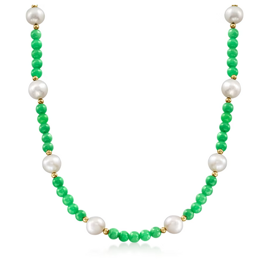 9-10mm Cultured Pearl and 6mm Jade Bead Necklace with 18kt Gold Over Sterling. 18"