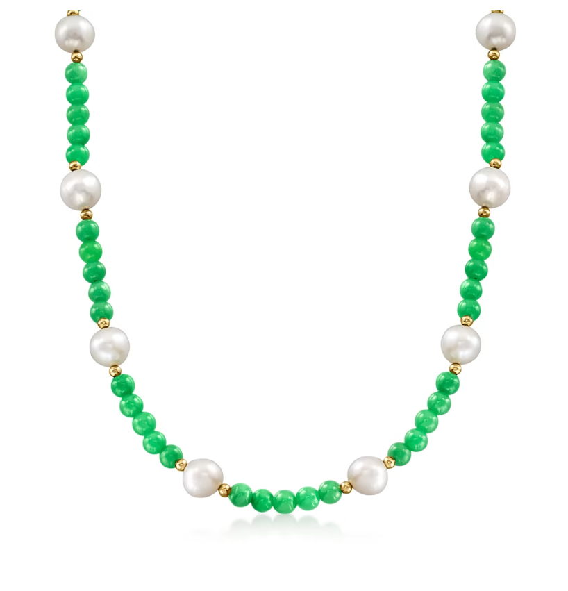 9-10mm Cultured Pearl and 6mm Jade Bead Necklace with 18kt Gold Over Sterling. 18"