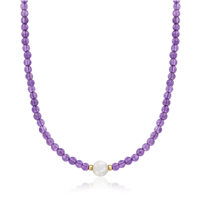 9mm Cultured Pearl and 55.00 ctw Amethyst Bead Necklace with 18kt Gold Over Sterling. 18"