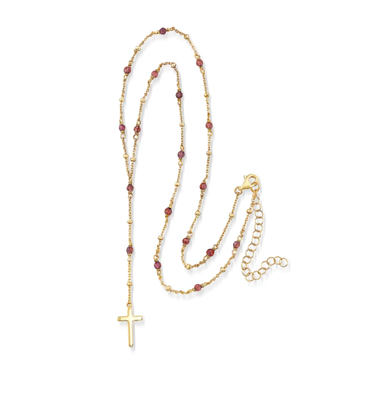 2.30 ctw Garnet Rosary Beads with Cross Necklace in 18kt Gold Over Sterling. 16"
