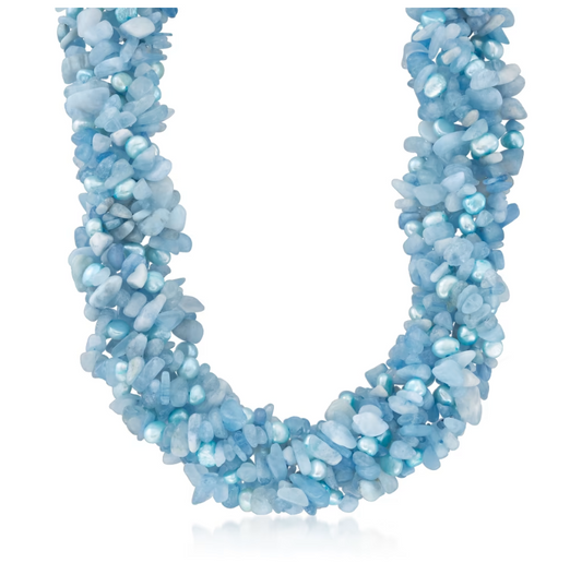 5-6mm Blue Cultured Pearl and 850.00 ctw Aquamarine Bead Torsade Necklace with Sterling Silver. 18"