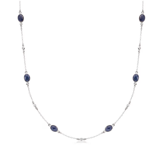 7.20 ctw Sapphire and .25 ctw Diamond Station Necklace in Sterling Silver