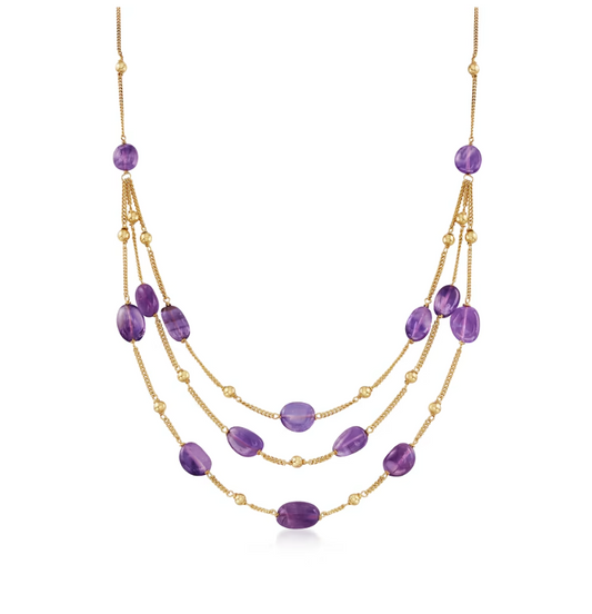 55.00 ctw Amethyst Bead Station Necklace in 18kt Gold Over Sterling. 18"