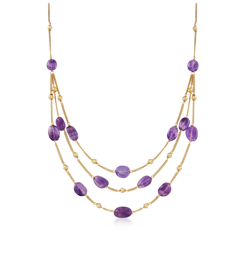 55.00 ctw Amethyst Bead Station Necklace in 18kt Gold Over Sterling. 18"