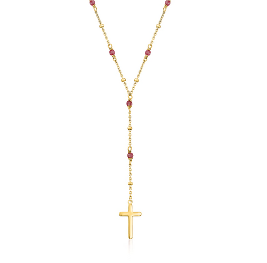 2.30 ctw Garnet Rosary Beads with Cross Necklace in 18kt Gold Over Sterling. 16"