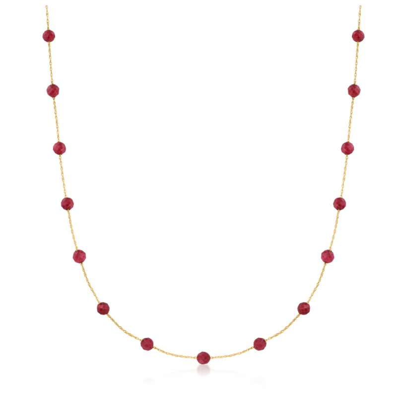 14.00 ctw Ruby Bead Station Necklace in 10kt Yellow Gold. 18"