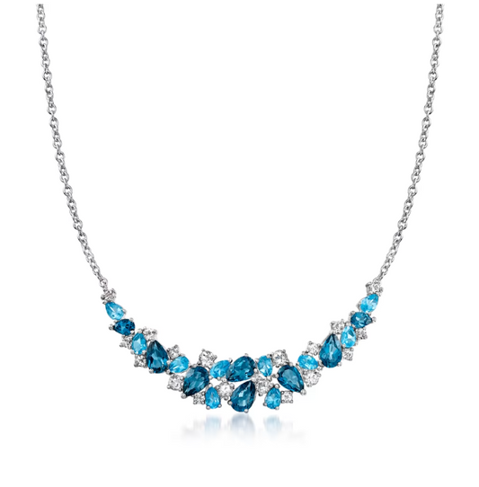 12.10 ctw London, Swiss Blue and White Topaz Collar Necklace in Sterling Silver