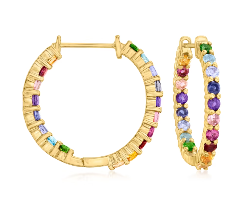 1.80 ctw Multi-Gemstone Inside-Outside Hoop Earrings in 18kt Gold Over Sterling. 7/8"