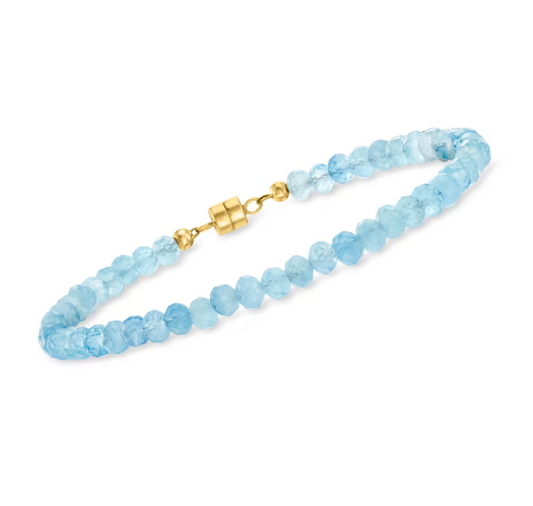 20.00 ctw Aquamarine Bead Bracelet with 14kt Yellow Gold Magnetic Clasp