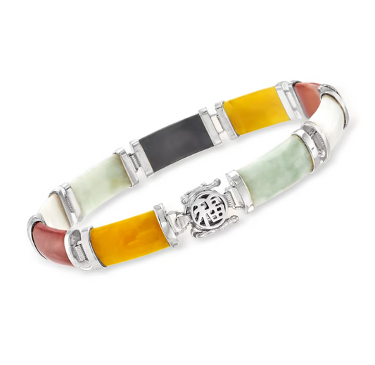 Multicolored Jade "Good Fortune" Bracelet in Sterling Silver