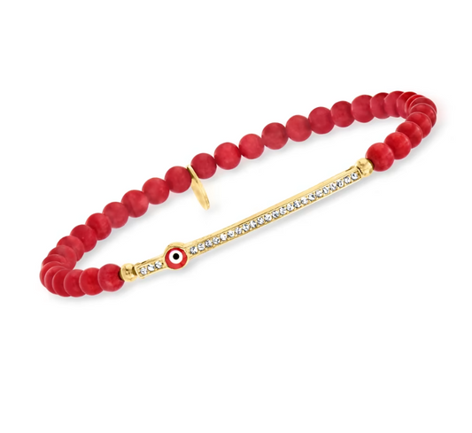 4mm Simulated Red Coral Bead and .10 ctw CZ Evil Eye Stretch Bracelet with Enamel in 18kt Gold Over Sterling