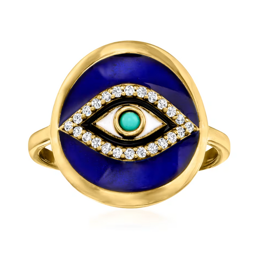 .10 ctw White Topaz and Multicolored Enamel Evil Eye Ring with Turquoise in 18kt Gold Over Sterling