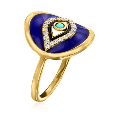 .10 ctw White Topaz and Multicolored Enamel Evil Eye Ring with Turquoise in 18kt Gold Over Sterling