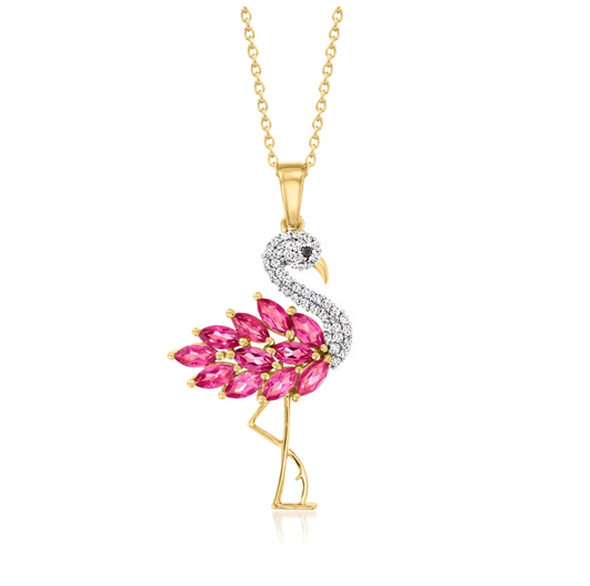 1.60 ctw Pink Topaz and .30 ctw White Zircon Flamingo Pendant Necklace with Black Spinel Accent in 18kt Gold Over Sterling. 18"