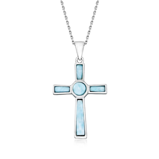 Larimar Cross Pendant Necklace in Sterling Silver. 18"